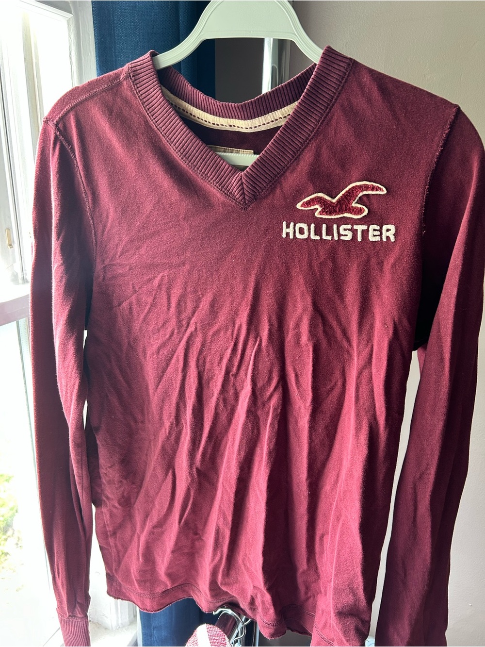 Hollister Men Long-Sleeve V-Neck Tee in Deep Wine